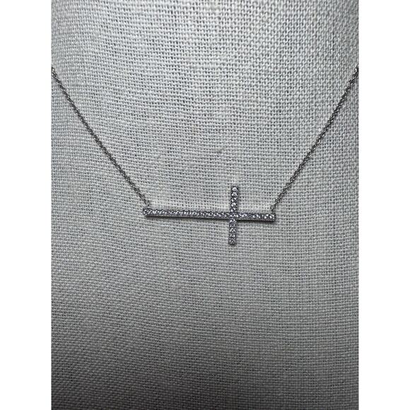 Sterling Silver 925 Cubic Zirconia CZ Sideways Cross Necklace - Picture 2 of 5